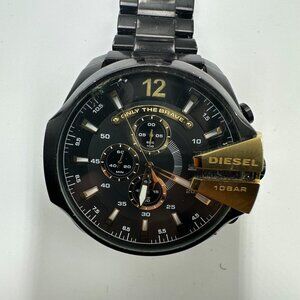 Diesel Mega Chief Watch Men Black Gold Tone Large Dial 53MM Missing Pin Working